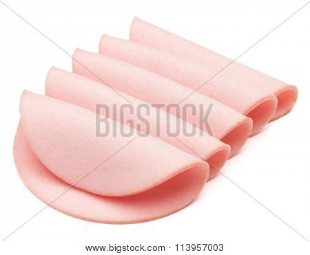 cooked boiled ham sausage or rolled bologna slices isolated on white background cutout