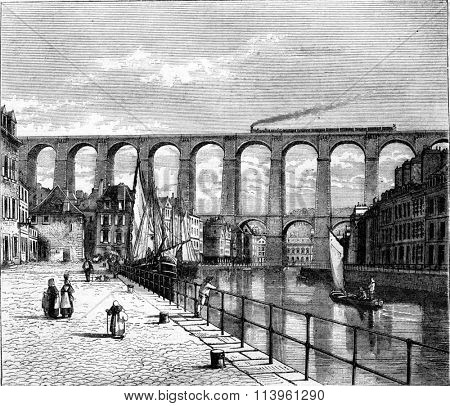 The Viaduct Morlaix, vintage engraved illustration. Magasin Pittoresque 1870.