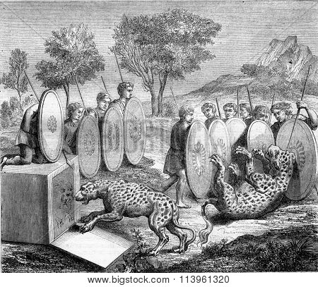Hunting panther, after an ancient painting of the tombs of unicorn fish in Rome, vintage engraved illustration. Magasin Pittoresque 1870.