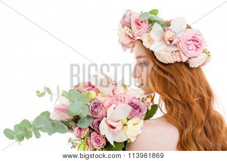 Back view portrait of a redhead woman standing with flowers isolated on a white background