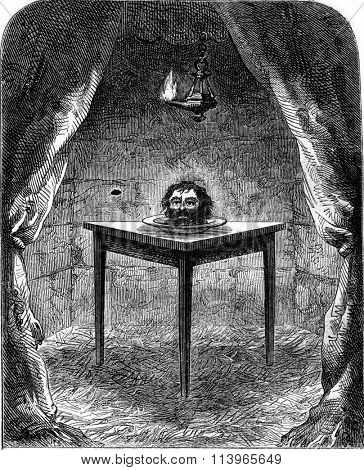 The head of the beheaded, vintage engraved illustration. Magasin Pittoresque 1869.