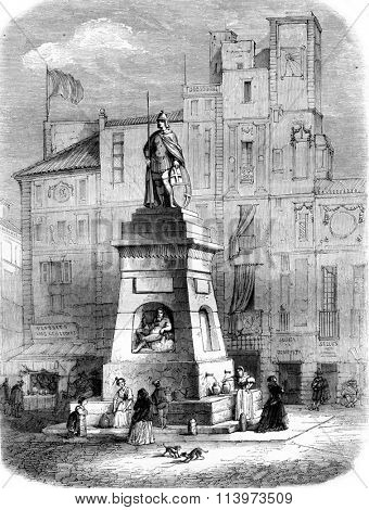 Fountain of Old-Man Fuente del Viejo, on the Rambla in Barcelona, vintage engraved illustration. Magasin Pittoresque 1857.