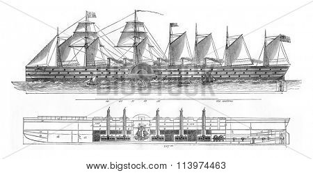 The Grand Oriental, Elevation and cut, vintage engraved illustration. Magasin Pittoresque 1857.