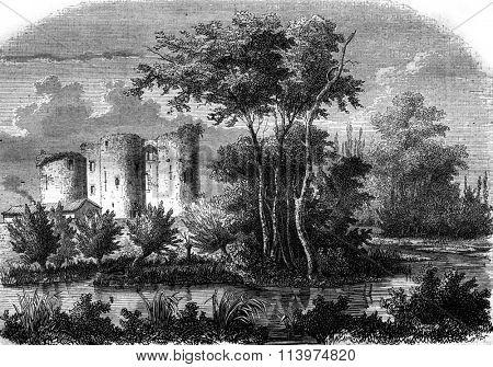 View from Castle Blanquefort, vintage engraved illustration. Magasin Pittoresque 1847.