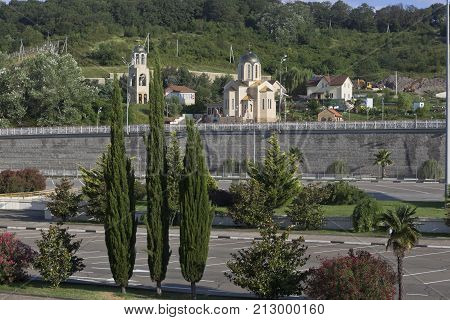 View of the temple St. Nicholas the Wonderworker from the airport of Sochi in Krasnodar region, Russia