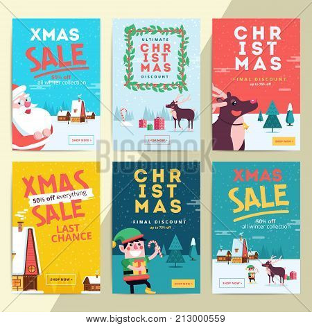 Christmas Social Media Sale Banners For Mobile Website Ad. Xmas Discount Background For Online Shop