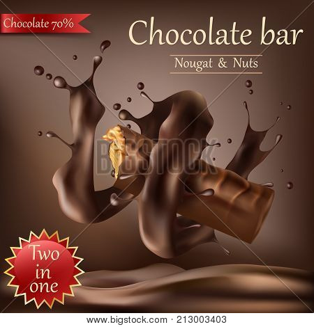Vector realistic sweet chocolate bar with nougat, nuts and caramel wrapped in spiral melted chocolate isolated on brown. Chocolate bar ads, packaging design element, advertising poster template