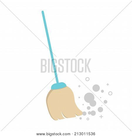 The Broom with long wooden handle sweeps the dust. Vector illustration isolated on white background. Tool for cleaning