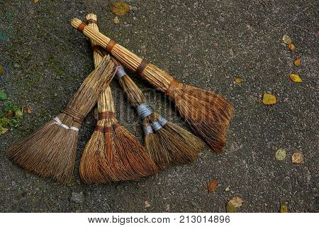 a set of old brooms lie on a gray road with leaves
