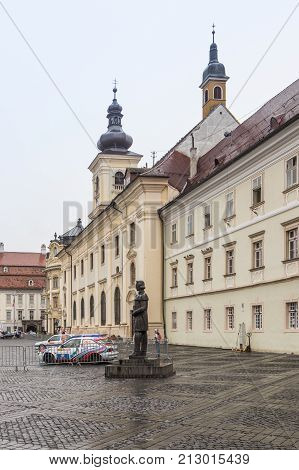 Sibiu Romania October 07 2017 : Fragment of the Large Square with statue of Gheorghe Lazar in Sibiu city in Romania