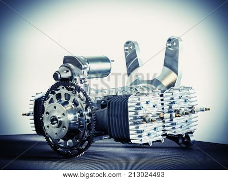 Piece of equipment of the aircraft engine closeup a aircraft engine detail blue colored