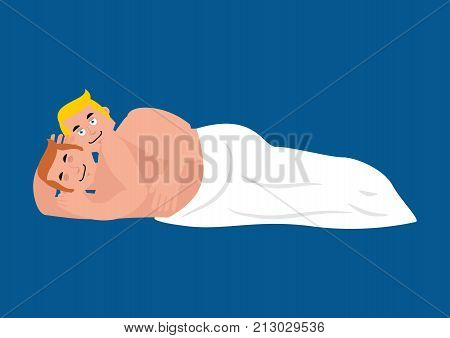 Gay Couple In Bed. Homosexuals Are Asleep. Guys Under  Blanket. Lgbt Vector Illustration