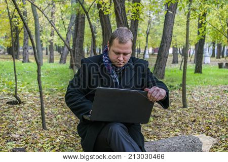 Businessman Having A Laptop In The Park In The Fall. Young Man Sitting On Tree In Park With Laptop O