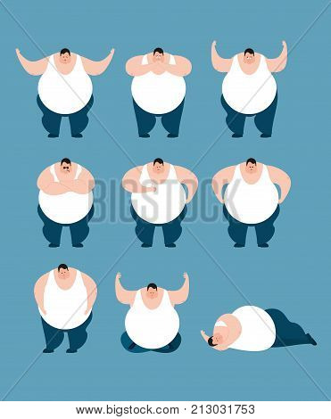 Fat Set Poses And Motion. Stout Guy Happy And Yoga. Big Man Sleeping And Angry. Guilty And Sad. Vect
