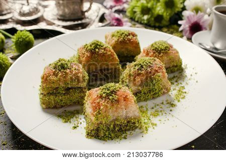 Baklava traditional oriental dessert. Sweet turkish food background concept