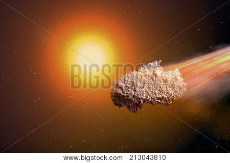 Sci-fi fantastic background - burning and exploding stars, hell, asteroid impact, glowing horizon. Deep space. Attack of the asteroid. Scientific llustration. 3D illustration.