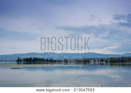 Mountains valley lake Constance and peaks landscape natural environment. Hiking in the alps. Arbon Switzerland Europe