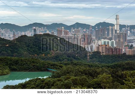 HONG KONG - JULY 7, 2013 - View of the Hong Kong skyline as seen from Kam Shan, Kowloon. Kam Shan is a mountain in Kam Shan Country Park, Northern Kowloon.