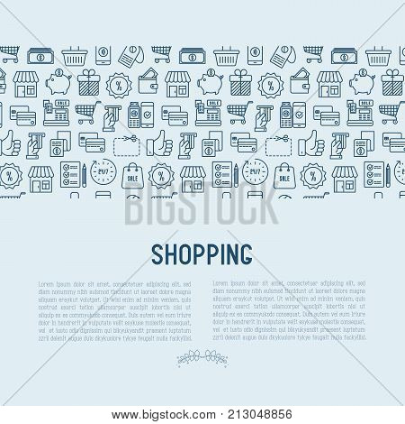 Shopping concept with thin line icons: cashbox, payment, pos terminal, piggy bank, sale, currency, credit card, trolley. Vector illustration for banner, print media.