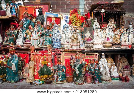 YAUMATEI HONG KONG - MARCH 16 2014 - Large street shrine outside Tin Hau Temple on Temple Street Hong Kong;