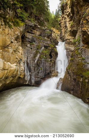 Lower Falls in Johnston Canyon, Canada. Johnston Canyon is one of the most popular day hikes in Banff National Park.