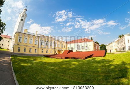 Veliky Novgorod Russia - August 17 2017: Fisheye view on the courtyard of the Novgorod Kremlin in summer sunny day. Kremlin was built in 1044