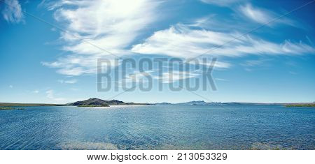 Panoramic view on tne Thingvallavatn lake in Thingvellir National Park, largest natural lake in Iceland. Travel to Iceland.