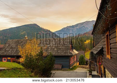 ZDIAR, SLOVAKIA - OCTOBER 18, 2017 : Historic homes in the village of Zdiar situated in the Belianske Tatra Mountains which is a part of High Tatras.