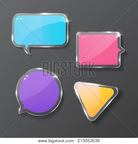 Glass banner, realistic vector illustration. Set of glass shapes, spech bubbles, triangle