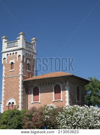 Porto Potenza Picena (Macerata Marches Italy): odd old house with tower and flowered garden