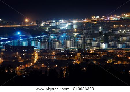Beautiful Aerial View Of Urban Cityscape At Night. Batumi, Georgia.