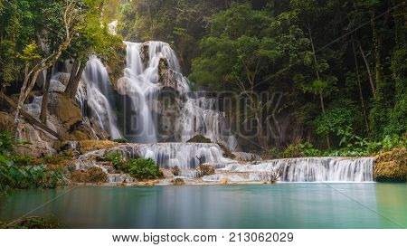 Tat Kuang Si Waterfall Or Kouangxi At Luang Prabang, Laos. It Very Beautiful Waterfall In Lao. It Th