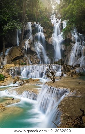 Tat Kuang Si Waterfall Or Kouangxi At Luang Prabang, Laos. It Very Beautiful Waterfall In Lao. It Th