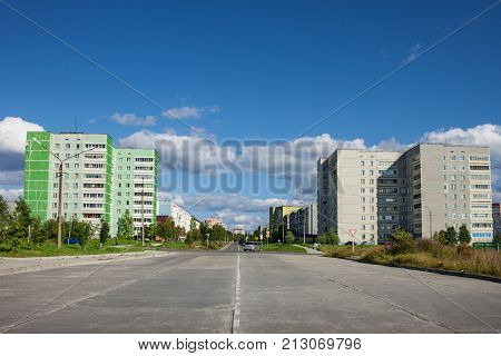 Polyarnye Zori Russia - Aug 27 2012: The widest streetof the Northern city in Russia. Here live employees of thse Kola nuclear power plant