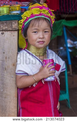 KAYAN STATE MYANMAR - SEP 09 : Portrait of Kayan tribe girl in Kayan state Myanmar on September 09 2017 Kayan tribe woman are well known for wearing neck rings.