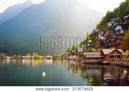 Scenic View Of Hallstatt Lakeside Town In The Austrian Alps In Beautiful Evening Light On Beautiful