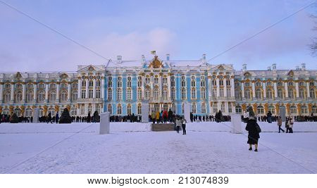 The Catherine Palace. Rococo palace located in the town of Tsarskoye Selo (Pushkin), 30 km south of St. Petersburg, Russia. Summer residence of the Russian tsars.