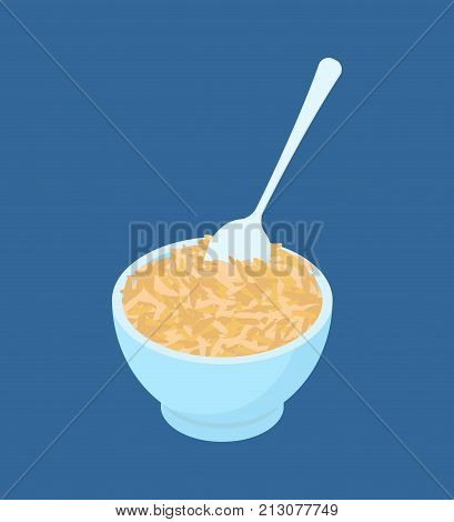 Bowl of oat porridge and spoon isolated. Healthy food for breakfast. Vector illustration