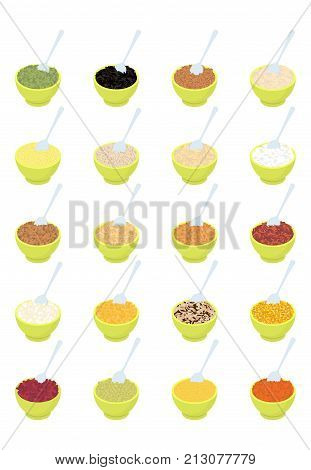 Bowl Of Porridge And Spoon Set. Rice And Lentils. Red Beans And Peas. Corn And Barley Gritz. Millet