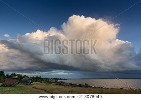 Abandoned houses in the Baltic Sea. Shore nature and ruins facilities architecture concept. Mohni small island in Estonia Europe.