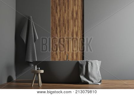 Gray And Wooden Bathroom Interior Close Up