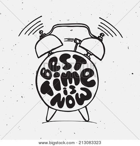 ringing alarm clock with light texture and lettering about best time is now. Time vector Concept illustration. Present moment concept letters with alarm isolated on white background