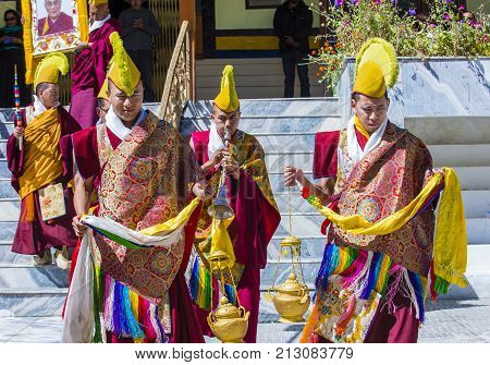 LEH INDIA - SEPTEMBER 20 2017: Buddhist Tibeti monks Participates in the Ladakh Festival in Leh India on September 20 2017