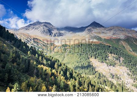 Mountains and peaks landscape. Stubaier Gletscher covered with glaciers and snow natural environment. Hiking in the Stubai Alps. Ski resort in Tirol Austria Europe