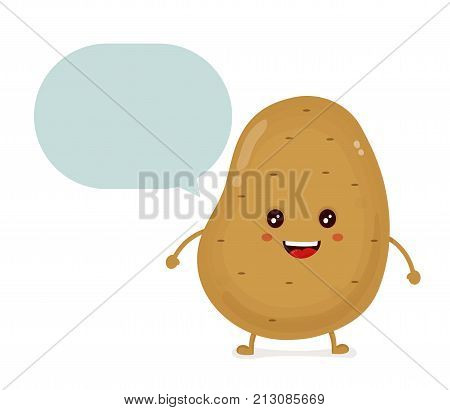 Cute happy smiling funny potato with talking dialog bubble speech character. Vector flat cartoon character illustration icon design.Isolated on white background. potato vegetable concept