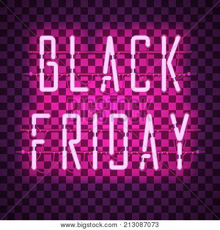 BLACK FRIDAY purple neon sign isolated on transparent background. Shining and glowing neon effect. All elements are separate units with wires, tubes, brackets and holders.