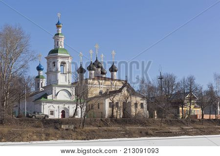 Vologda, Russia - March 20, 2014: View of the Church of the Dormition  on Navolok  and the church of St  Demetrius Prilutsk in Vologda