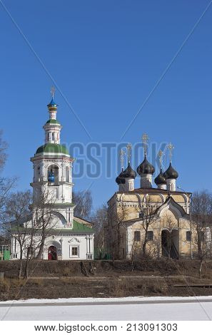 View of the Church of the Dormition  on Navolok  and the church of St  Demetrius Prilutsk in Vologda, Russia