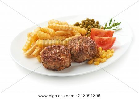 Fried Cutlets With Patato Fries, Isolated On White Background.