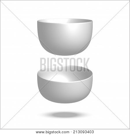Realistic vector illustration plate. Empty bowl. Isolated on white background. View from above. Set of empty white plates and bowls. Kitchen utensils. 3d mock up